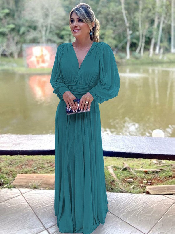 A-Line/Princess Chiffon Ruffles V-neck Long Sleeves Floor-Length Mother of the Bride Dress