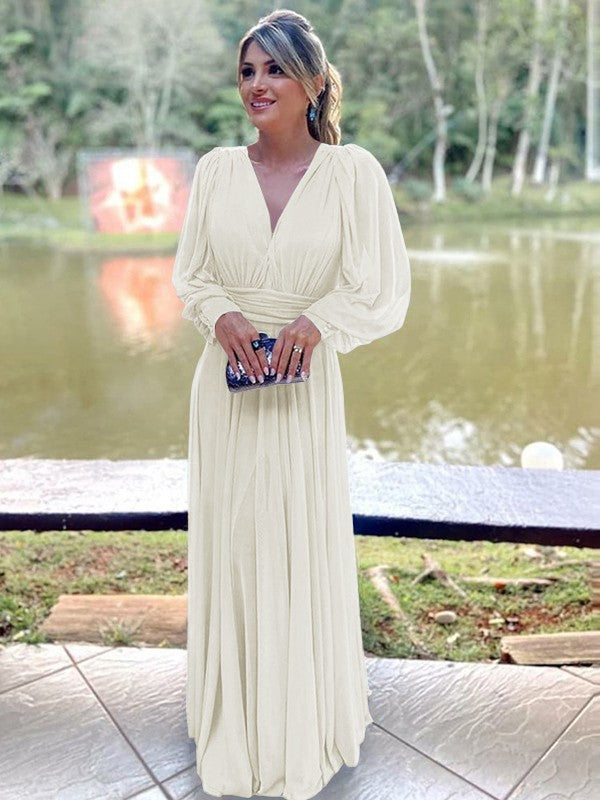 A-Line/Princess Chiffon Ruffles V-neck Long Sleeves Floor-Length Mother of the Bride Dress