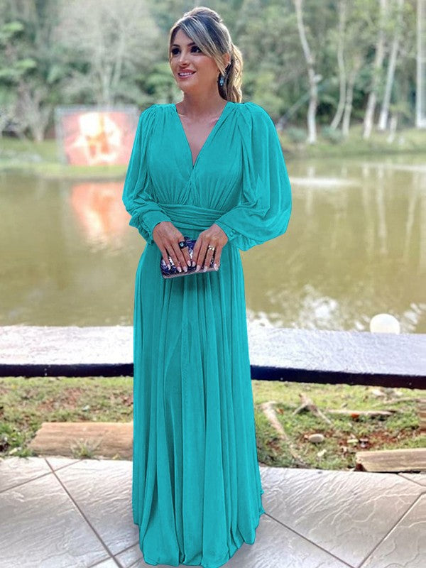 A-Line/Princess Chiffon Ruffles V-neck Long Sleeves Floor-Length Mother of the Bride Dress