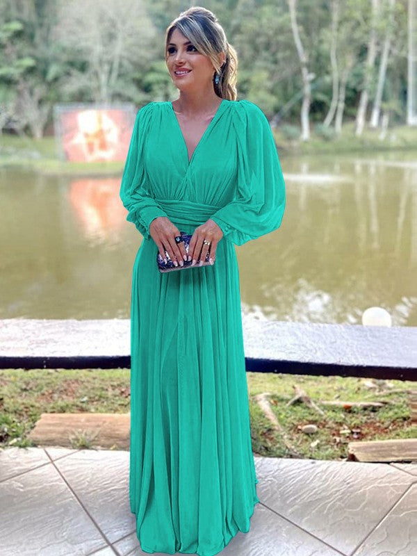 A-Line/Princess Chiffon Ruffles V-neck Long Sleeves Floor-Length Mother of the Bride Dress