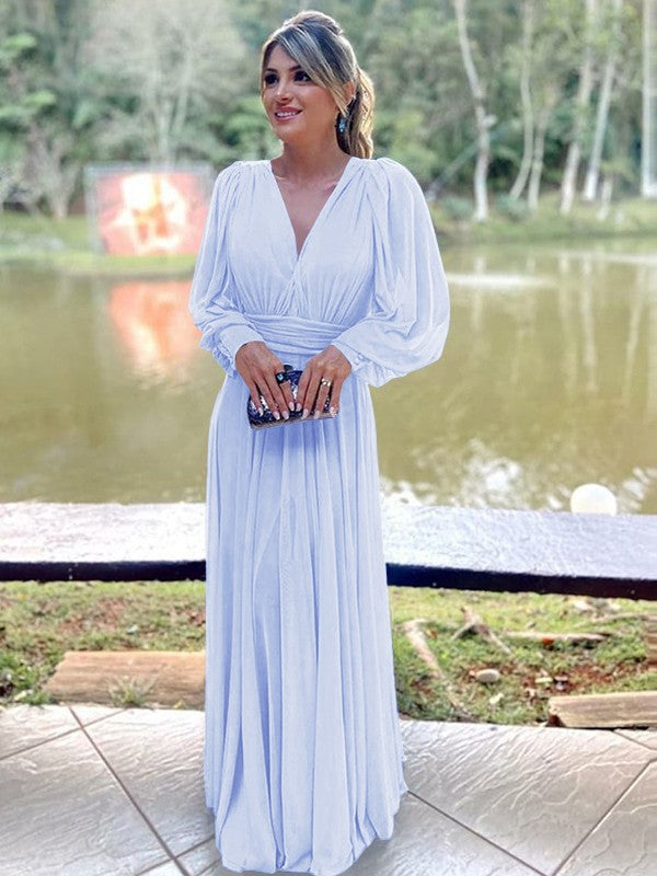 A-Line/Princess Chiffon Ruffles V-neck Long Sleeves Floor-Length Mother of the Bride Dress