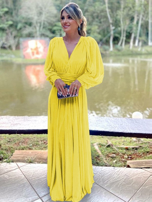 A-Line/Princess Chiffon Ruffles V-neck Long Sleeves Floor-Length Mother of the Bride Dress