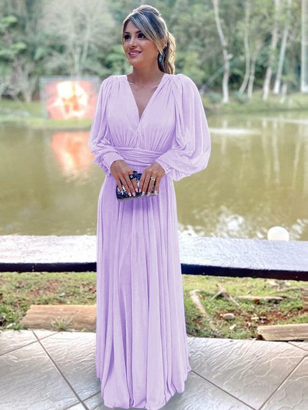 A-Line/Princess Chiffon Ruffles V-neck Long Sleeves Floor-Length Mother of the Bride Dress