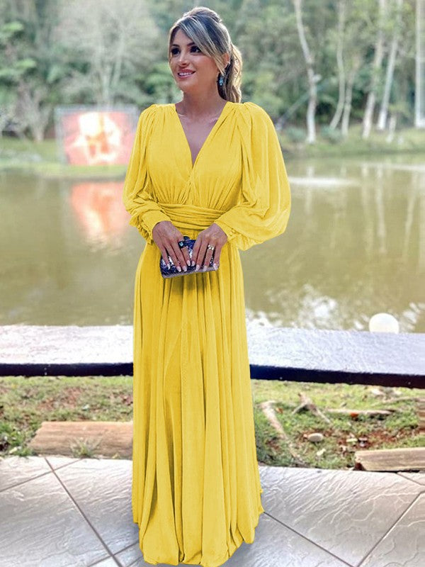 A-Line/Princess Chiffon Ruffles V-neck Long Sleeves Floor-Length Mother of the Bride Dress