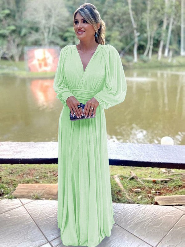 A-Line/Princess Chiffon Ruffles V-neck Long Sleeves Floor-Length Mother of the Bride Dress