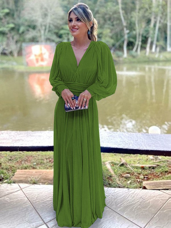 A-Line/Princess Chiffon Ruffles V-neck Long Sleeves Floor-Length Mother of the Bride Dress