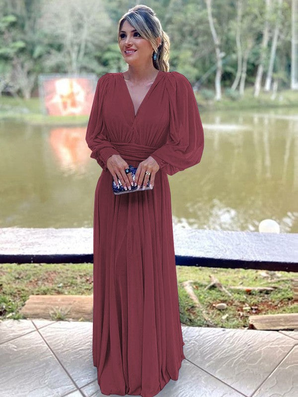 A-Line/Princess Chiffon Ruffles V-neck Long Sleeves Floor-Length Mother of the Bride Dress