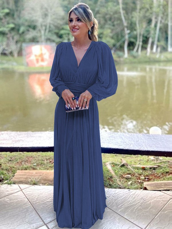 A-Line/Princess Chiffon Ruffles V-neck Long Sleeves Floor-Length Mother of the Bride Dress