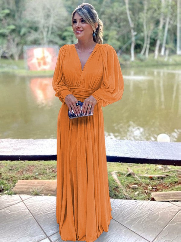A-Line/Princess Chiffon Ruffles V-neck Long Sleeves Floor-Length Mother of the Bride Dress