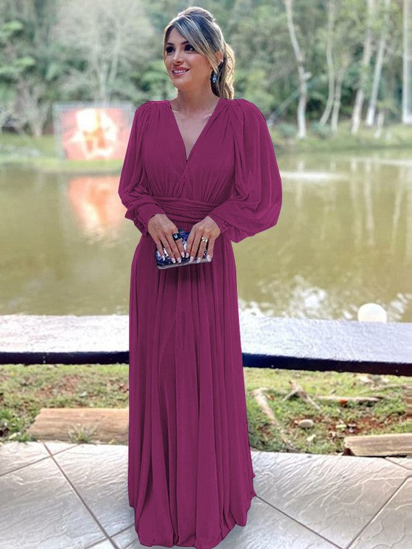 A-Line/Princess Chiffon Ruffles V-neck Long Sleeves Floor-Length Mother of the Bride Dress