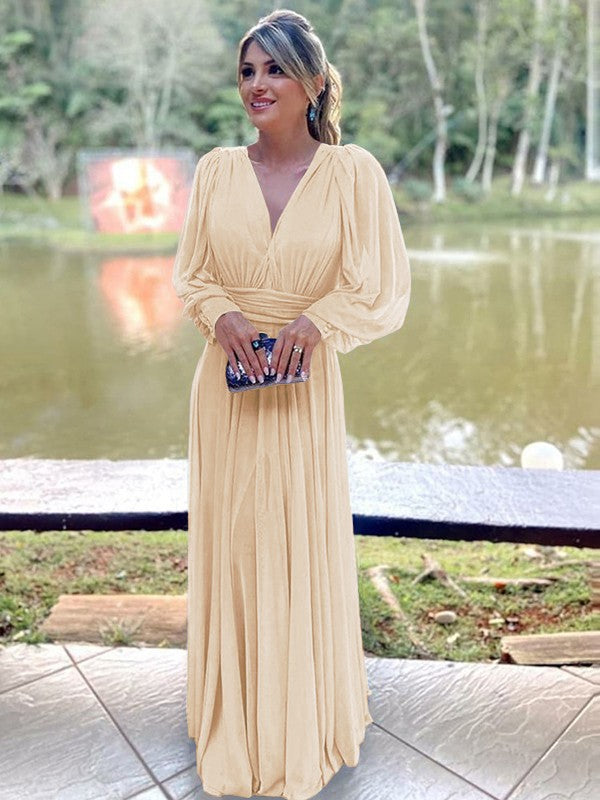 A-Line/Princess Chiffon Ruffles V-neck Long Sleeves Floor-Length Mother of the Bride Dress