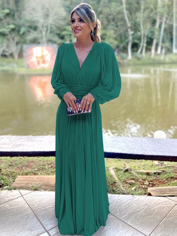 A-Line/Princess Chiffon Ruffles V-neck Long Sleeves Floor-Length Mother of the Bride Dress