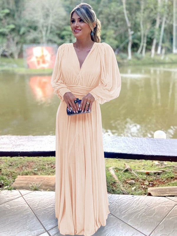 A-Line/Princess Chiffon Ruffles V-neck Long Sleeves Floor-Length Mother of the Bride Dress