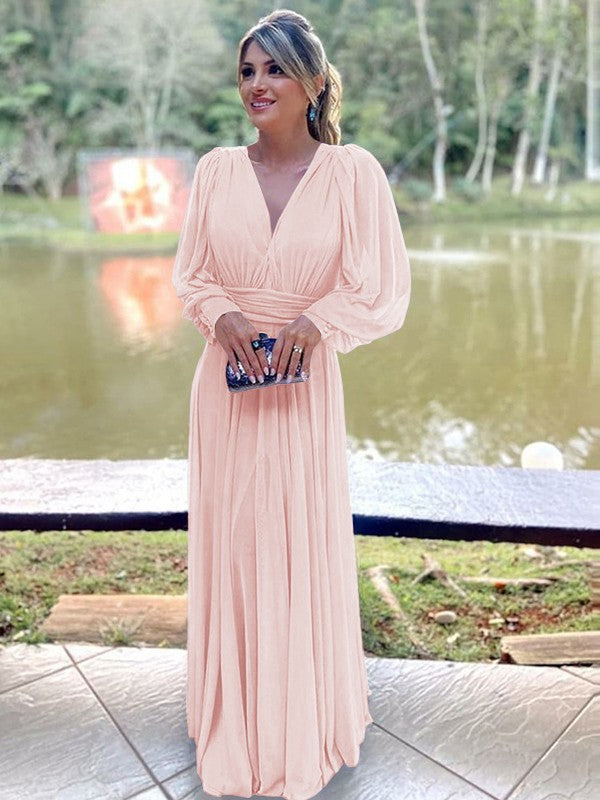 A-Line/Princess Chiffon Ruffles V-neck Long Sleeves Floor-Length Mother of the Bride Dress