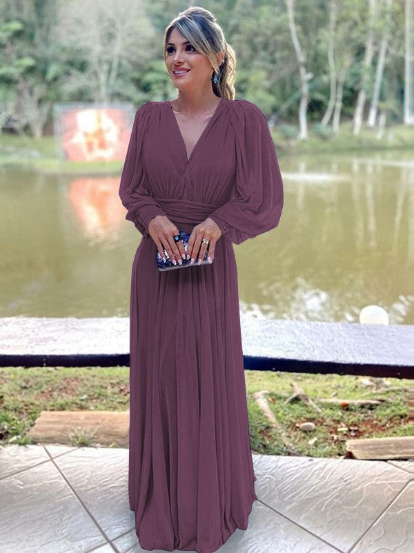 A-Line/Princess Chiffon Ruffles V-neck Long Sleeves Floor-Length Mother of the Bride Dress