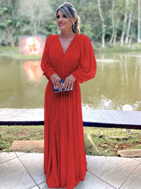 A-Line/Princess Chiffon Ruffles V-neck Long Sleeves Floor-Length Mother of the Bride Dress