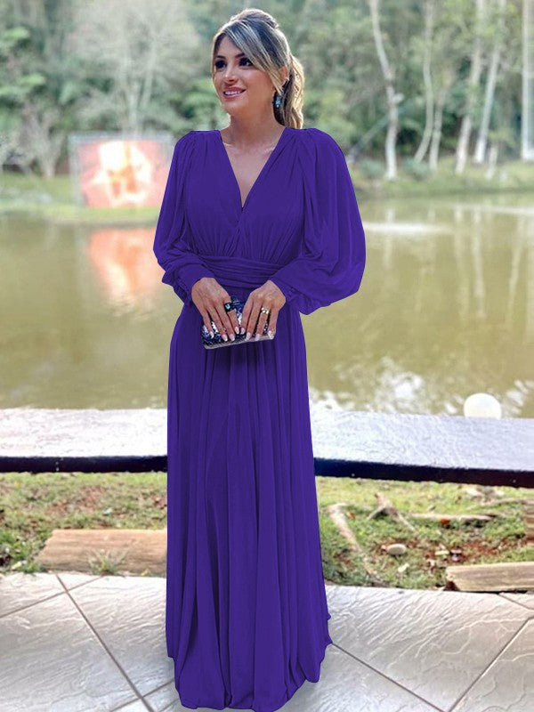 A-Line/Princess Chiffon Ruffles V-neck Long Sleeves Floor-Length Mother of the Bride Dress