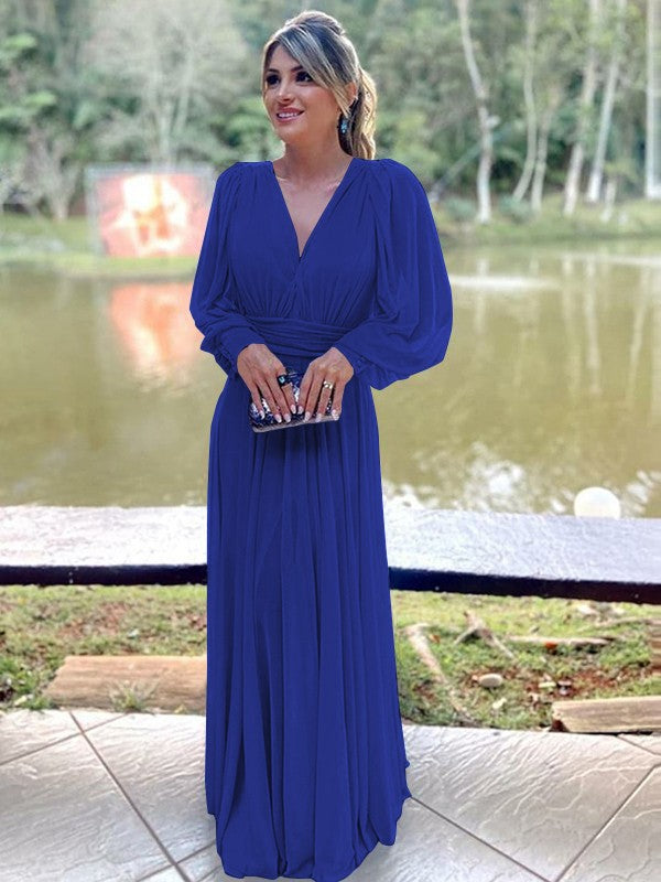 A-Line/Princess Chiffon Ruffles V-neck Long Sleeves Floor-Length Mother of the Bride Dress
