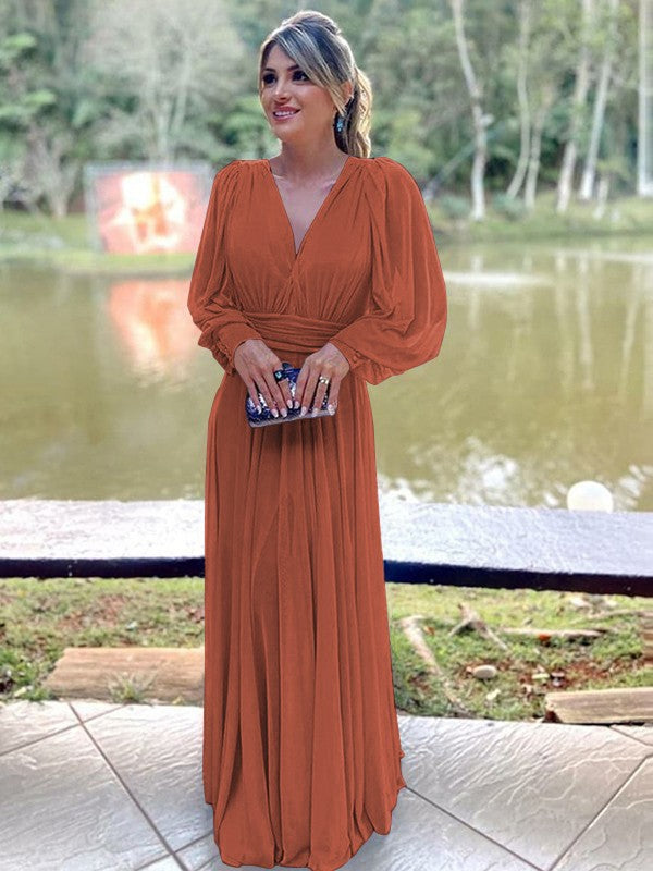 A-Line/Princess Chiffon Ruffles V-neck Long Sleeves Floor-Length Mother of the Bride Dress