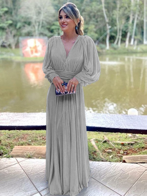 A-Line/Princess Chiffon Ruffles V-neck Long Sleeves Floor-Length Mother of the Bride Dress