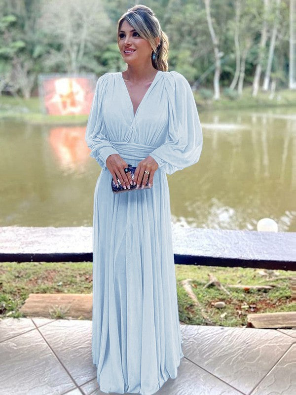 A-Line/Princess Chiffon Ruffles V-neck Long Sleeves Floor-Length Mother of the Bride Dress