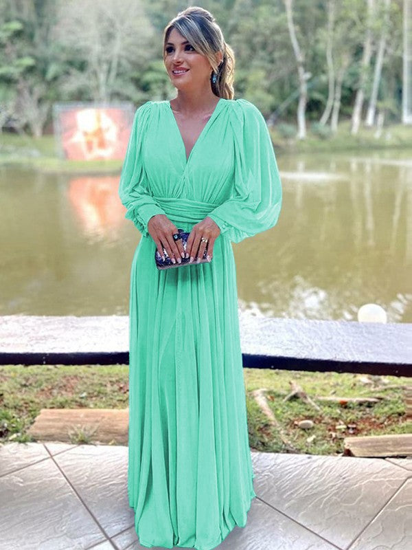 A-Line/Princess Chiffon Ruffles V-neck Long Sleeves Floor-Length Mother of the Bride Dress