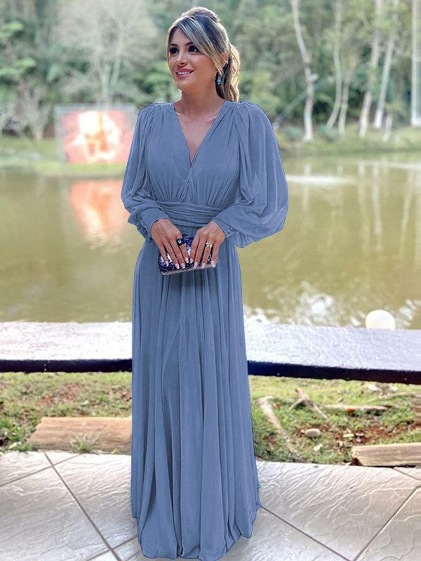 A-Line/Princess Chiffon Ruffles V-neck Long Sleeves Floor-Length Mother of the Bride Dress