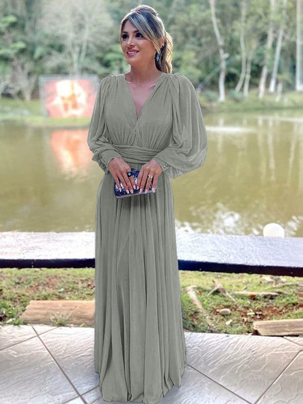 A-Line/Princess Chiffon Ruffles V-neck Long Sleeves Floor-Length Mother of the Bride Dress