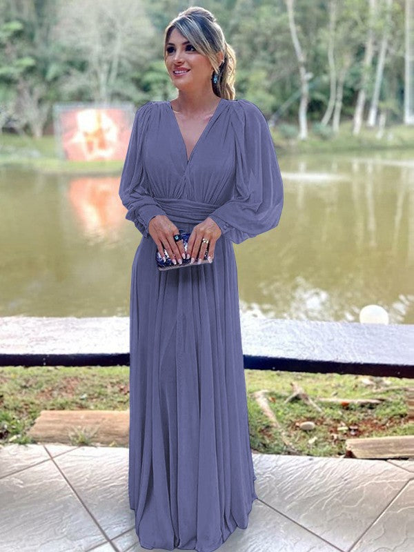 A-Line/Princess Chiffon Ruffles V-neck Long Sleeves Floor-Length Mother of the Bride Dress