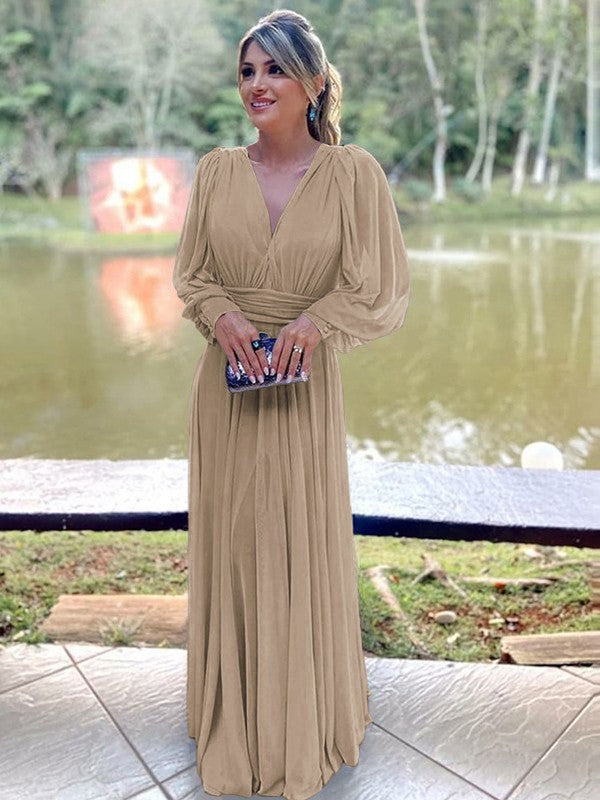 A-Line/Princess Chiffon Ruffles V-neck Long Sleeves Floor-Length Mother of the Bride Dress