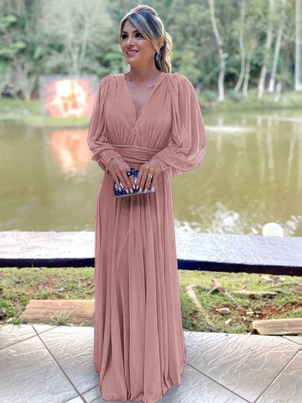 A-Line/Princess Chiffon Ruffles V-neck Long Sleeves Floor-Length Mother of the Bride Dress