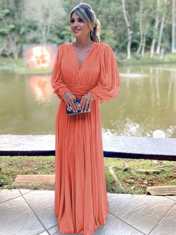 A-Line/Princess Chiffon Ruffles V-neck Long Sleeves Floor-Length Mother of the Bride Dress