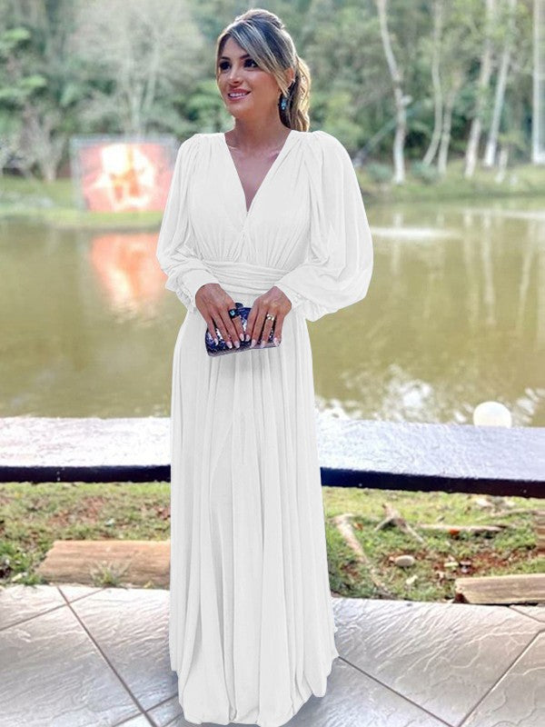 A-Line/Princess Chiffon Ruffles V-neck Long Sleeves Floor-Length Mother of the Bride Dress