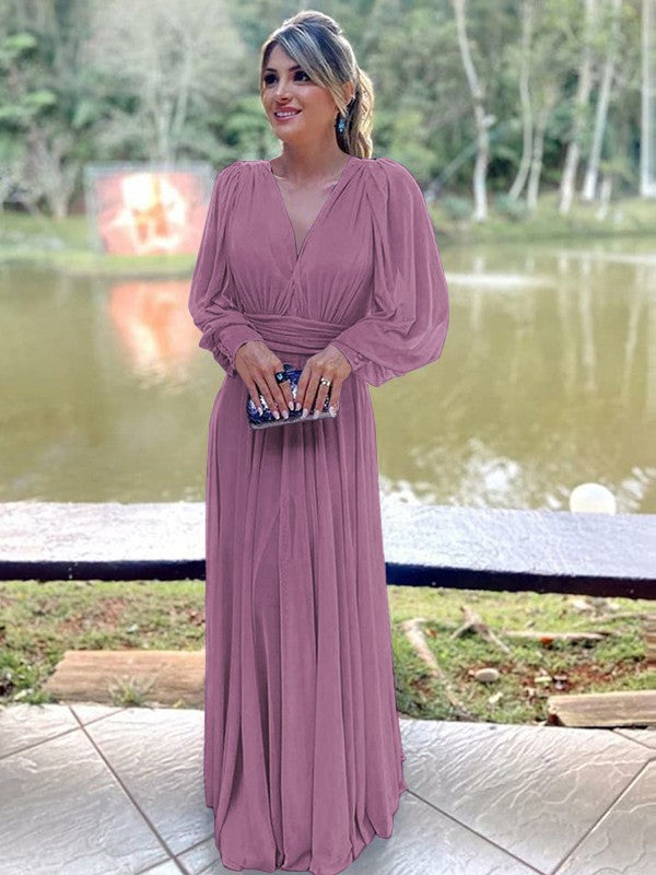 A-Line/Princess Chiffon Ruffles V-neck Long Sleeves Floor-Length Mother of the Bride Dress