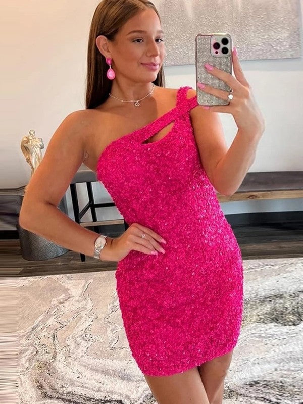 Sheath/Column Velvet Sequins One-Shoulder Sleeveless Short/Mini Homecoming Dress