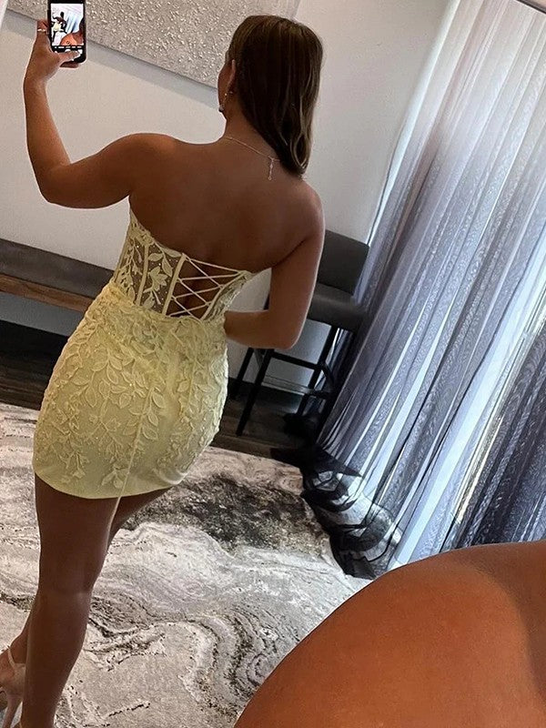 Sheath/Column Lace Sweetheart Sleeveless Short/Mini Corset Prom Dress