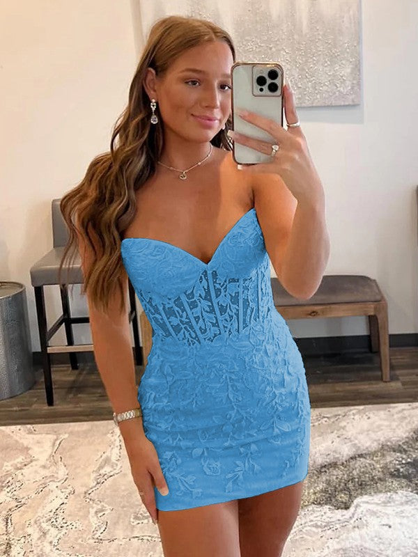 Sheath/Column Lace Sweetheart Sleeveless Short/Mini Corset Prom Dress