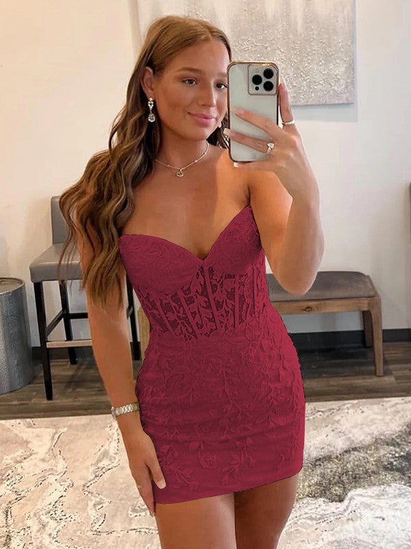 Sheath/Column Lace Sweetheart Sleeveless Short/Mini Corset Prom Dress