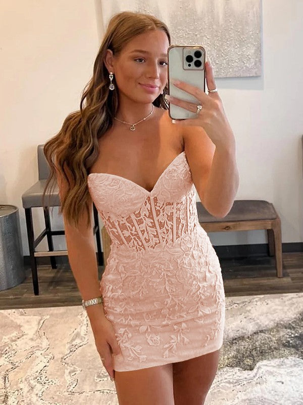 Sheath/Column Lace Sweetheart Sleeveless Short/Mini Corset Prom Dress