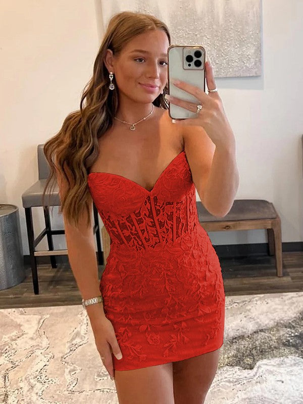 Sheath/Column Lace Sweetheart Sleeveless Short/Mini Corset Prom Dress