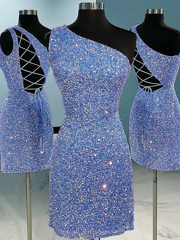 Sheath/Column Velvet Sequins One-Shoulder Sleeveless Short/Mini Homecoming Dress