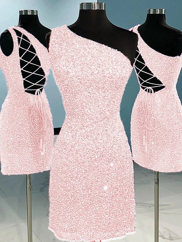 Sheath/Column Velvet Sequins One-Shoulder Sleeveless Short/Mini Homecoming Dress