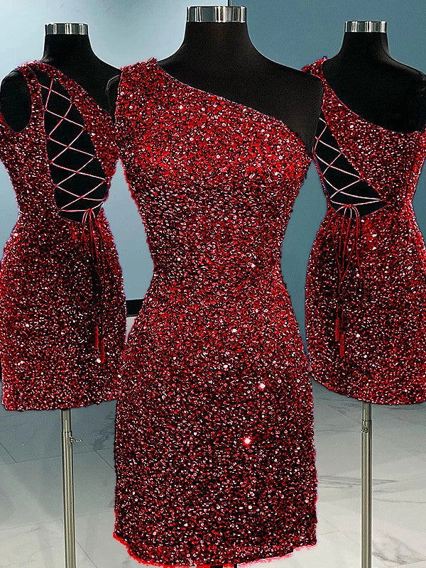 Sheath/Column Velvet Sequins One-Shoulder Sleeveless Short/Mini Homecoming Dress