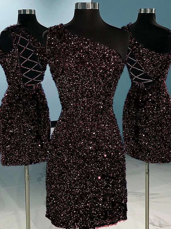 Sheath/Column Velvet Sequins One-Shoulder Sleeveless Short/Mini Homecoming Dress
