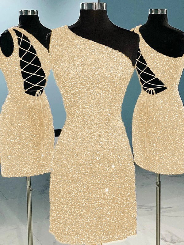 Sheath/Column Velvet Sequins One-Shoulder Sleeveless Short/Mini Homecoming Dress