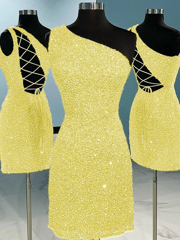 Sheath/Column Velvet Sequins One-Shoulder Sleeveless Short/Mini Homecoming Dress