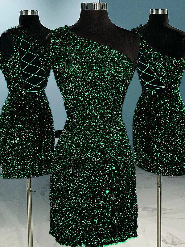 Sheath/Column Velvet Sequins One-Shoulder Sleeveless Short/Mini Homecoming Dress