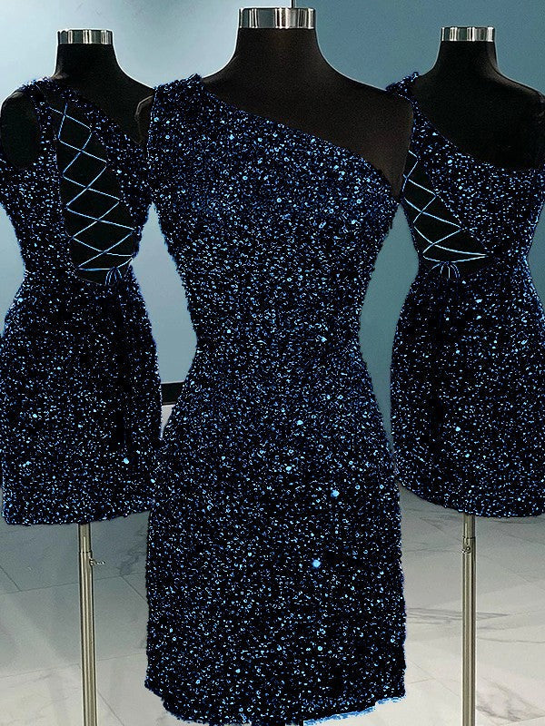 Sheath/Column Velvet Sequins One-Shoulder Sleeveless Short/Mini Homecoming Dress