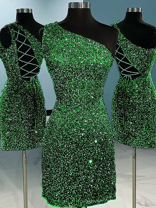 Sheath/Column Velvet Sequins One-Shoulder Sleeveless Short/Mini Homecoming Dress