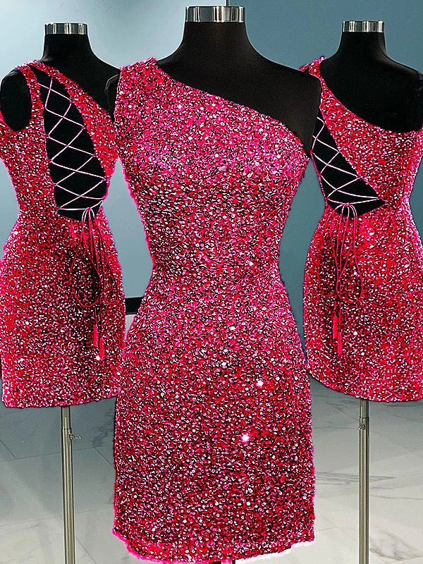 Sheath/Column Velvet Sequins One-Shoulder Sleeveless Short/Mini Homecoming Dress